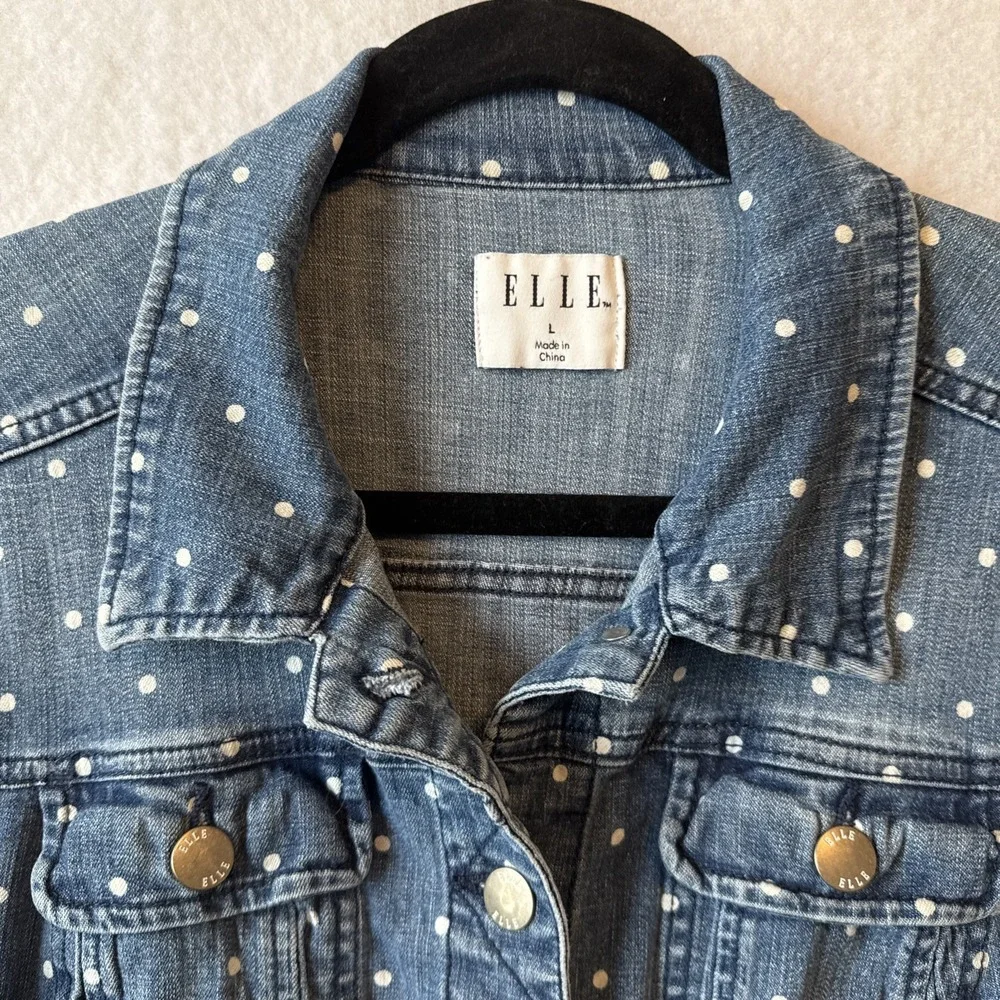 Elle Polka Dot Distressed Blue‎ Denim Trucker Jacket L Retro Chic Indie Sleaze